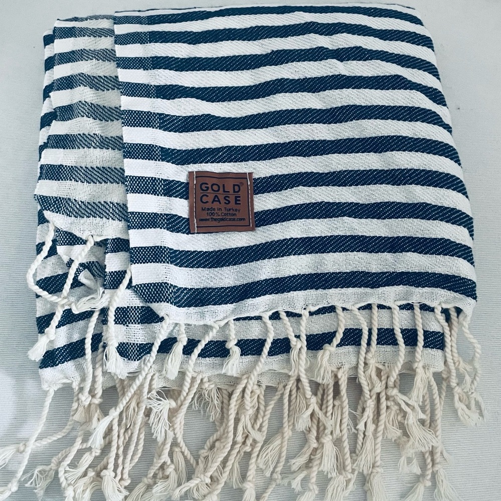 Gold Case Blue and White Stripe Turkish fringe Cotton Peshtamel Towel Wrap - Picture 11 of 16